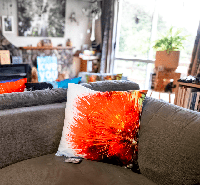 Waipu Cove and Pohutukawa Blossom Cushion Cover - PCK Photography